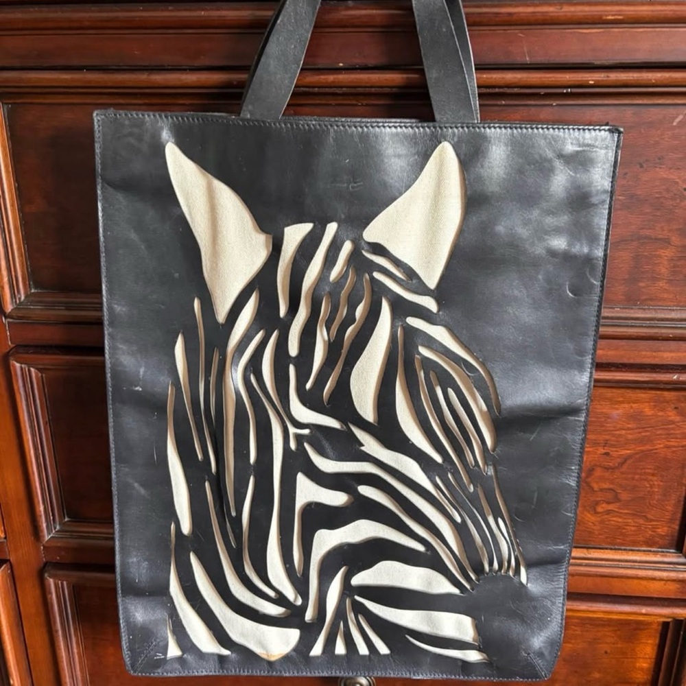 Vintage Club Monaco, genuine leather Black and Cream Zebra Tote Bag